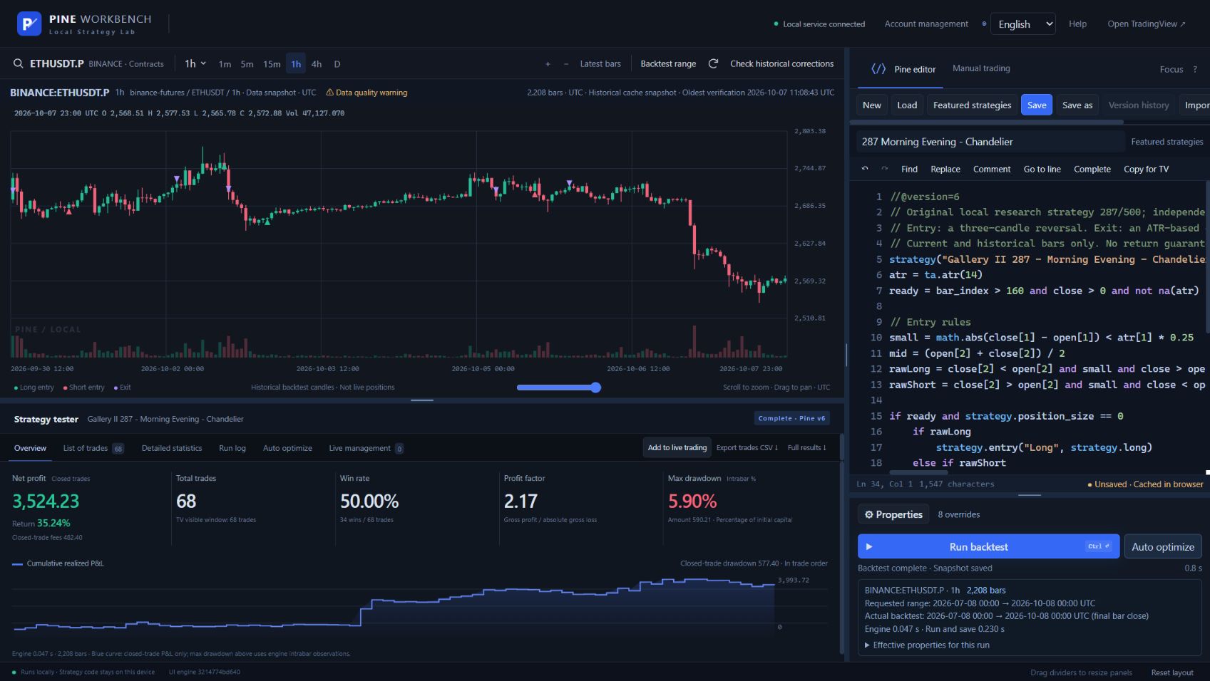 XPine preview workbench with a completed backtest, chart and Pine editor