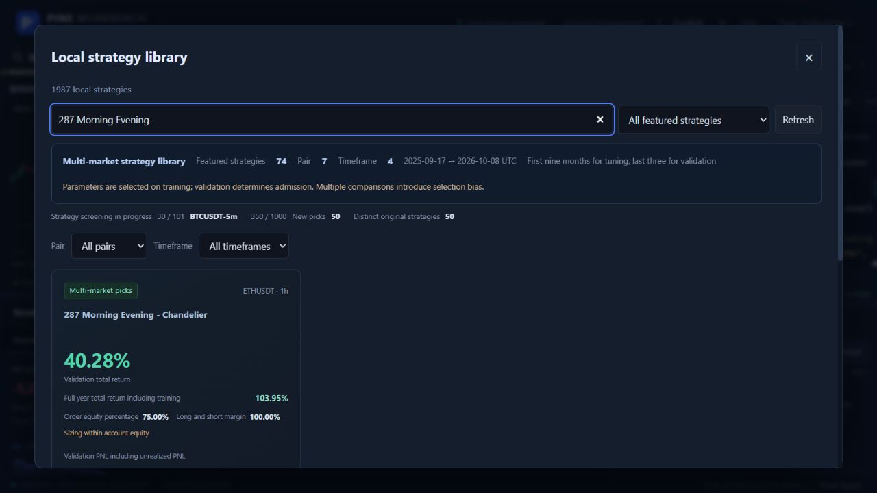 XPine featured strategies with research copies, validation metrics and loading controls
