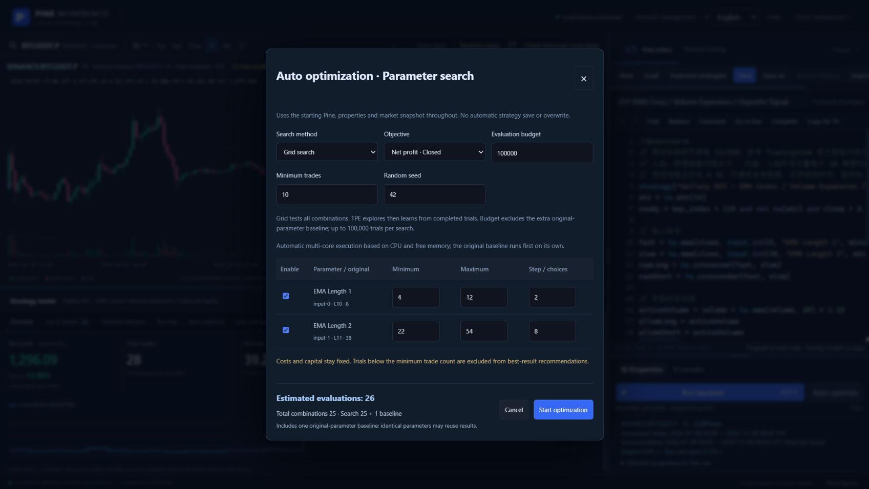 XPine optimization with parameter ranges, search settings and evaluation budget